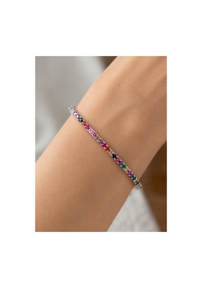 Color Gümüş Çerçeveli Rainbow Renkli Zirkon Taş Detaylı Silver Lastikli Bileklik Çok Renkli