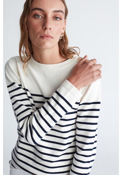 Styleboom X Peraluna Audrey Pullover Omzu Düğmeli Çizgili Organik Pamuk Mevsimlik Kadın Triko Kazak Ekru/lacivert-ekru Ekru