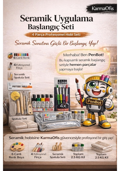 Seramik Başlangıç Seti-2 2.5 Kg Kil + 6'lı Akrilik Boya + 4'lü Fırça + Spatula