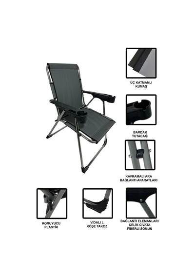 Metallica Concept Lüx Krom 2 Adet Kamp Sandalyesi Katlanır Üç Katlı Bardaklıklı Piknik Sandalysi 140 Kg Taşıma Kapasiteli Gri