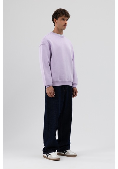Vamos Oversize Bisiklet Yaka Baskılı Sweatshirt Lila
