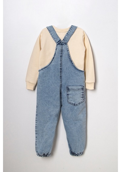 Unisex Çocuk Askısı Bağlamalı Teddy Oyuncaklı 2'li Kot Salopet 001