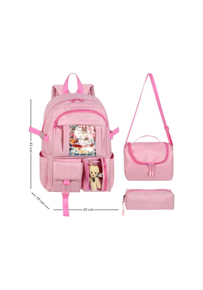 Waddell Kore Kawaii Tarzı Okul Sırt Çantası, Termal Beslenme Çantası Ve Kalemlik Pembe 26700