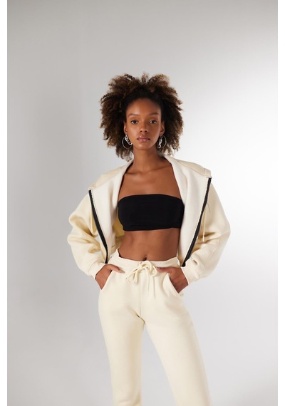 Holly Lolly Kadın Bej Kapüşonlu Uzun Kol Fermuarlı Crop Mixed Sweat