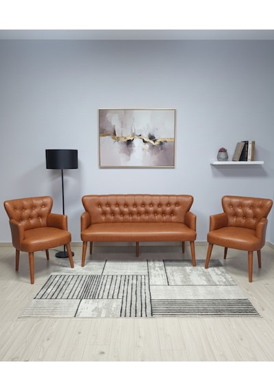 Azra Mobilya Taba Deri Chester Tarz Koltuk Takımı Modern Tasarım, Dayanıklı Ahşap Ayaklı Oturma Grubu 3+1+1 Taba Azra Mobilya Taba Deri Chester Tarz Koltuk Takımı Modern Tasarım, Dayanıklı Ahşap Ayaklı Oturma Grubu 3+1+1 Taba