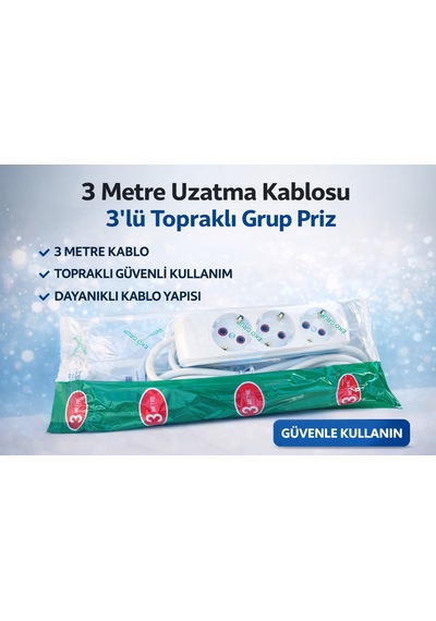 3 Metre Uzatma Kablosu 3 Lü Topraklı Grup Priz 16a Dayanıklı Kablo 20 M