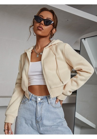 Kadın Kapüşonlu Fermuarlı Crop Hırka Sweatshirt -üç İplik Şardonlu