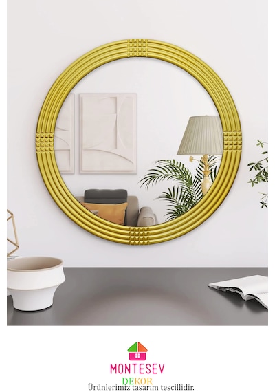 Afir Ahşap Gold Yuvarlak Ayna Işlemeli Duvar Banyo Aynası 69 Cm Gold