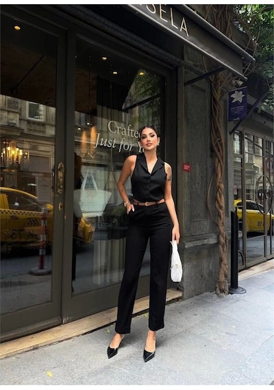 Defymoda Keten Duble Paça Deri Taba Kemerli Pantolon - Siyah Siyah