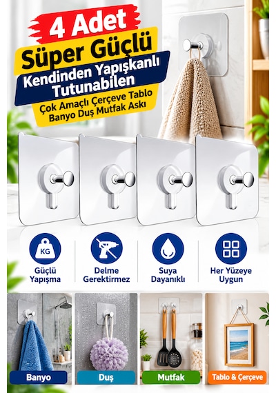 4 Adet Süper Güçlü Kendinden Yapışkanlı Tutunabilen Çok Amaçlı Çerçeve Tablo Banyo Duş Mutfak Askı Beyaz - Şeffaf 4 Adet Süper Güçlü Kendinden Yapışkanlı Tutunabilen Çok Amaçlı Çerçeve Tablo Banyo Duş Mutfak Askı Beyaz - Şeffaf