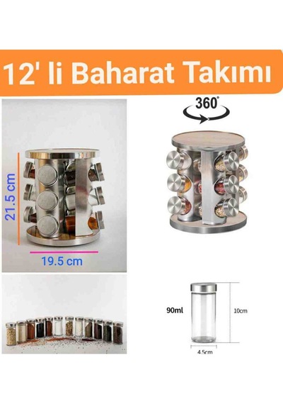 2'li Döner Standlı Paslanmaz Çelik Baharatlık Cam