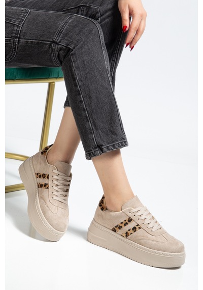 Bahrina Kadın Kalın Tabanlı Sneaker Bej Süet Leopar