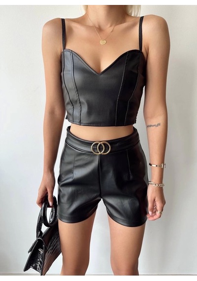 Defymoda Tokalı Deri Şort Siyah S24444 Siyah