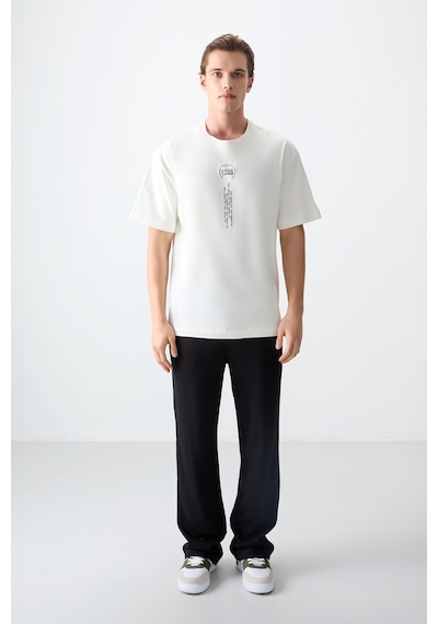Air Jones Tommy Life Ekru %100 Pamuk Kalın Yumuşak Dokulu Oversize Fit Baskılı Erkek T-shirt - 88355 Ekru