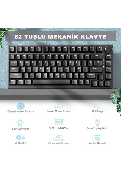 Beyaz Işıklı Hot Swap Kablolu Mekanik Oyun Klavyesi Ajazz Ak820 Siyah - Kırmızı Switch