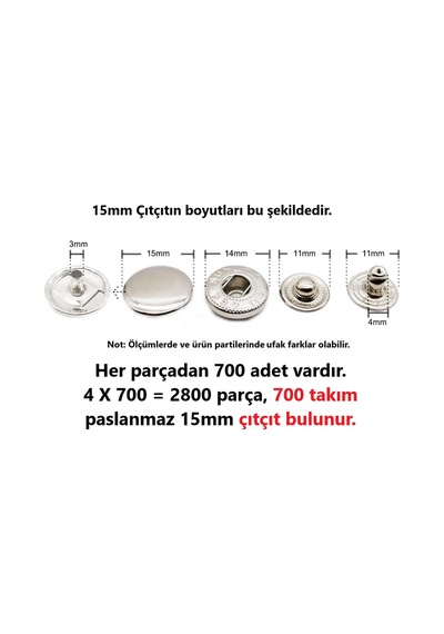 Tuhafiyecimiz 700 adet 15mm Paslanmaz Çıtçıt  [Nikel/Gümüş Renk]