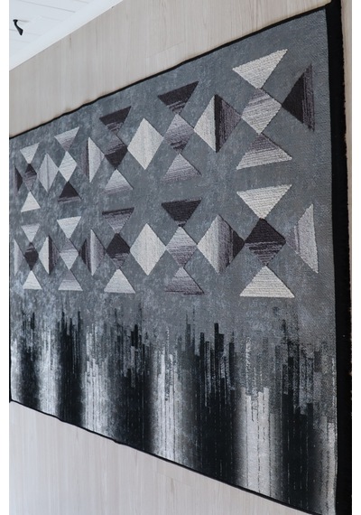 Arte Gri Nakışlı Kilim Dekoratif Salon Halısı Makinada Yıkanabili