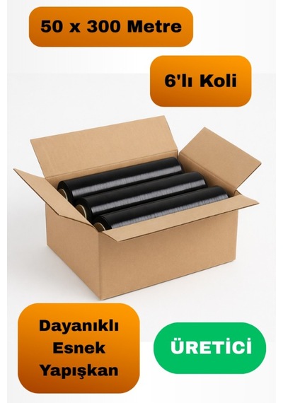 1 Koli 6 Adet Siyah Palet Streç Film 300 Metre Eşya Sarma Kargo Paketleme Taşınma Nakliyat Ambalaj