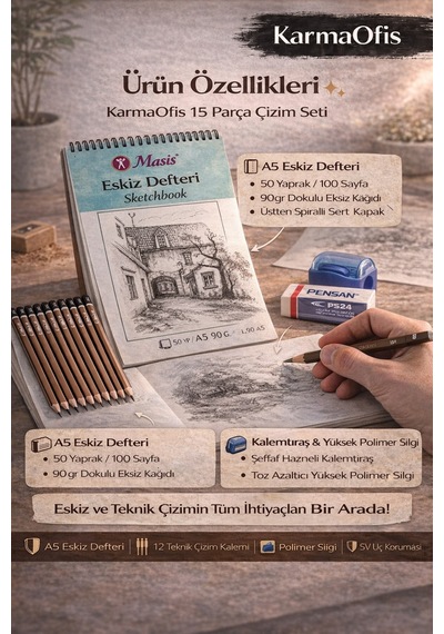 15 Parça Teknik Çizim Seti A5 90gr Eskiz Defteri + 12 Çizim Kalemi + Silgi + Kalemtıraş