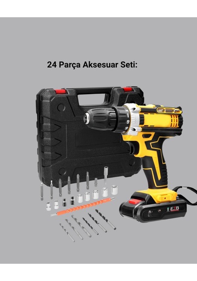 Depomıx Çift Batlı Darbeli Şarjlı Matkap Seti Metal Dişli, 24 Parça Aksesuar Ve Led Işıklı