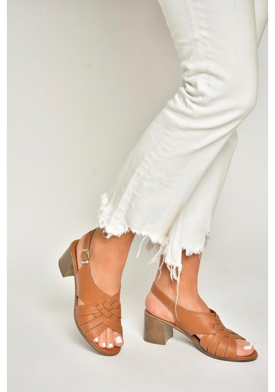 Fox Shoes P555453803 Taba Hakiki Deri Kalın Topuklu Kadın Sandalet Taba-hakiki Deri Taba