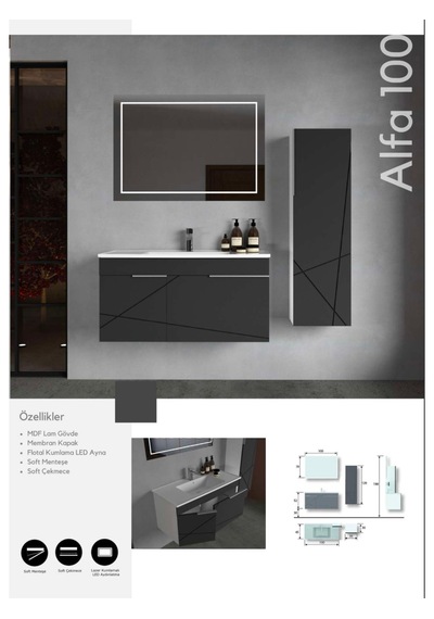 Evros Alfa 100 Cm Banyo Dolabı Boy Dolabı Dahil Gri - Siyah