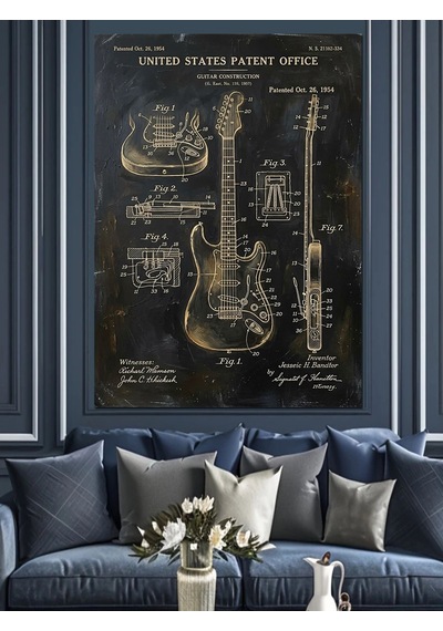 Gitar Teknik Planı Sanat Tasarımı Dekoratif Kanvas - Mdf Ahşap Tablo