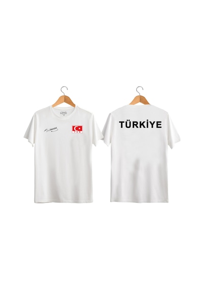 Türkiye Yazılı Atatürk İmzalı Türk Bayrağı Baskılı Tişört Ayyıldızlı T-shirt Beyaz