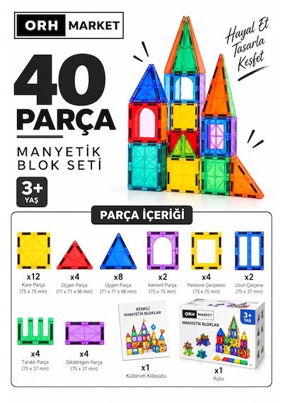Orh Market 40 Parça Büyük Boy 7.5cm Manyetik Blok Seti Güçlü Mıknatıslı Zeka Geliştirici Oyuncak