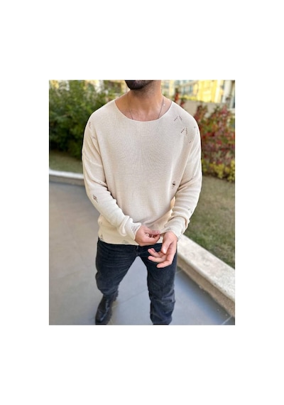 Elku Moda Kazak Naturel Örme Pamuk Bisiklet Yaka Tüylenmeyen Yırtık Detaylı Lazer Kesim Triko Kazak Açık Bej Elku Moda Kazak Naturel Örme Pamuk Bisiklet Yaka Tüylenmeyen Yırtık Detaylı Lazer Kesim Triko Kazak Açık Bej