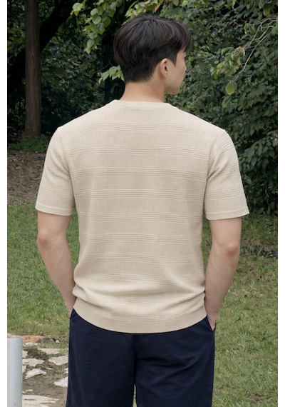 Tarz Cool Fitilli Triko Tişört Erkek Slim Fit Yazlık Premium Basic Üst Bej