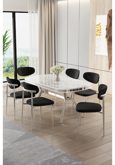 Canisa Olya Serisi 90x168 Lak Panel Beyaz Mermer Desen Masa Takımı Krom Ayaklı 6 Siyah Sandalye Masa Beyaz Mermer Siyah Sandalye