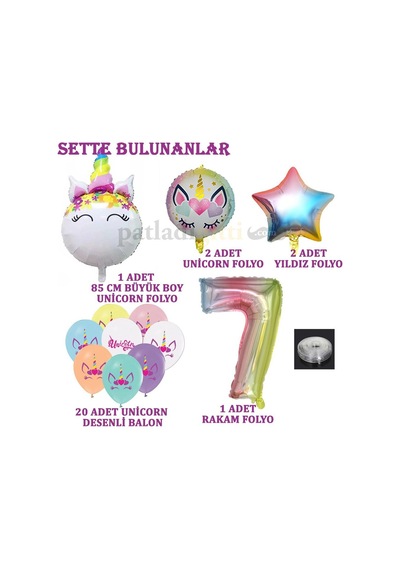 7 Yaş Gökkuşağı Konsepti Unicorn Temalı Doğum Günü Parti Kutlama Seti