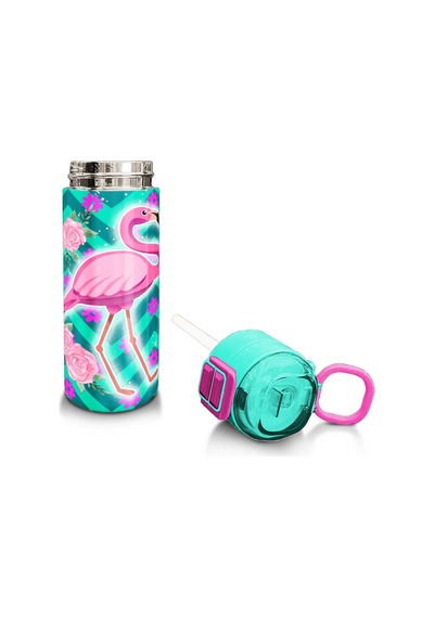 Coral High Kids Su Yeşili Pembe Flamingo Desenli Pipetli Ve Direkt İçim Çelik Termos 500 Ml 31820 Su Yeşili
