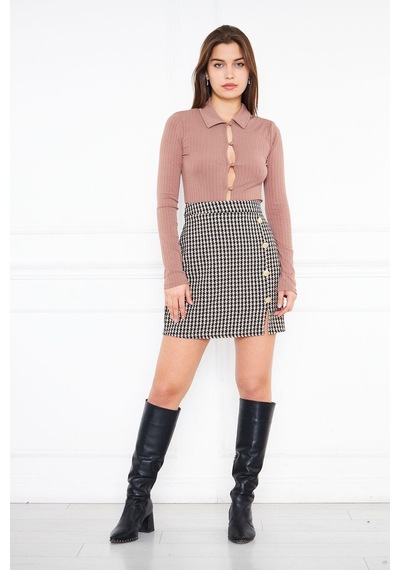Darlin Moda Kahverengi Düğme Detaylı Tweed Mini Etek DM 2002 Kahverengi
