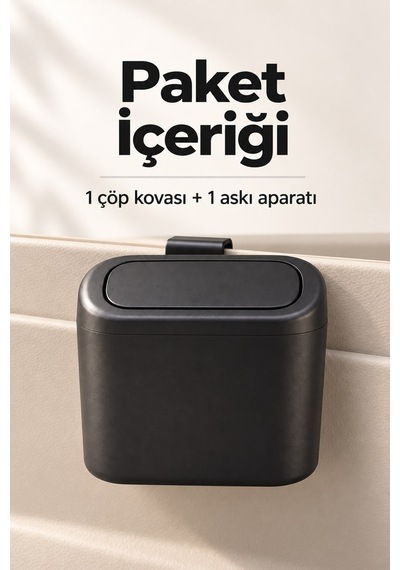 Araç İçi Mini Kapaklı Çöp Kovası Askı Aparatlı Siyah