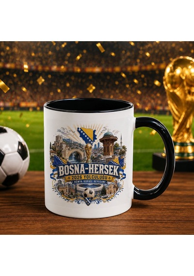 Bk Gift Bosna-hersek Taraftar Temalı Dünya Futbol Kupası Tasarımlı Siyah Kupa Bardak-2 Beyaz
