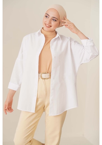Bigdart 103901 Oversize Basic Tesettür Gömlek - Beyaz 001