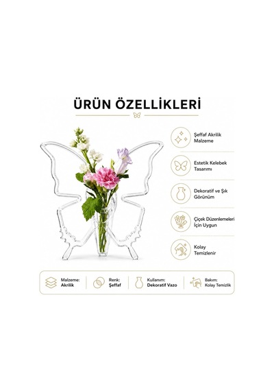 Mini Kelebek Vazo Şeffaf Plastik Akrilik Vazo, 20x19 Cm Dekoratif Çiçeklik, Masa Üstü Salon Yatak Odası Ofis Süs Genel