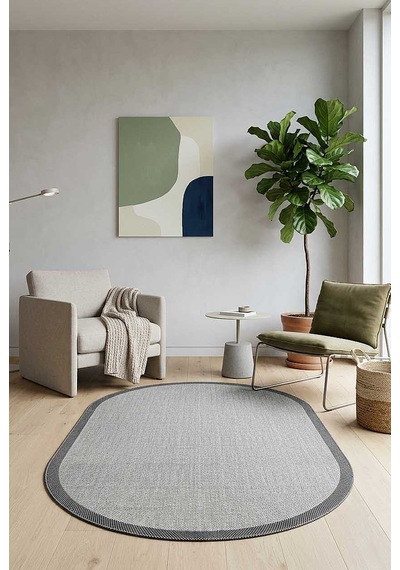 Natura Sisal Hasır Görünümlü Çerçeveli Oval Halı Ntr07 Antrasit-gri