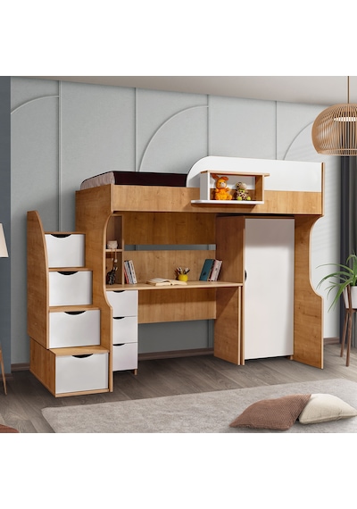 Ranza, Litera Ranza Dolap Çalışma Masası Açık Ceviz-Beyaz + 1 Adet Comfort Yatak 90 x 190 Cm Ranza, Litera Ranza Dolap Çalışma Masası Açık Ceviz-Beyaz + 1 Adet Comfort Yatak 90 x 190 Cm
