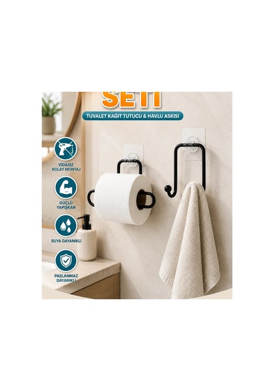 Yapışkanlı Tuvalet Kağıdı Tutucu Ve Havlu Askısı Vidasız 2 Parça Banyo Seti Çok Renkli