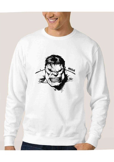 Hulk Sinirli Baskılı Beyaz Erkek Örme Sweatshirt