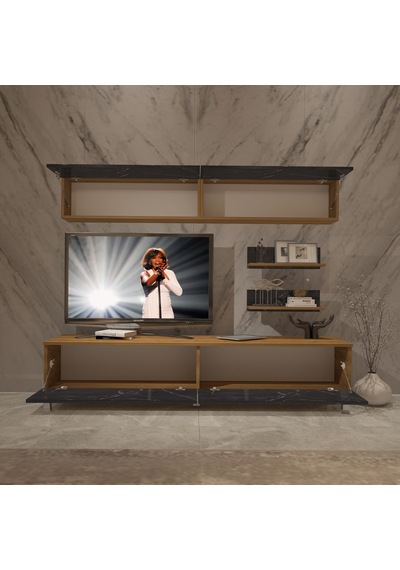Decoraktiv Eko 5 Mdf Std Krom Ayaklı Tv Ünitesi Tv Sehpası Pera - Siyah Mermer