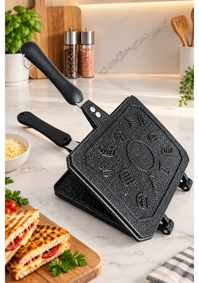 Granit Döküm Ocak Üstü El Tost Makinesi Siyah