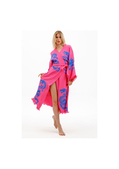 Befera Dragon Müslin Kimono Pamuklu Ejderha Baskılı Desenli Bornoz Kaftan Sabahlık Fuşya