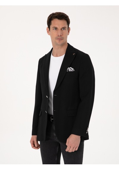 Cacharel Siyah Slim Fit Yün Karışımlı Kırlangıç Yaka Balık Sırtı Blazer Ceket