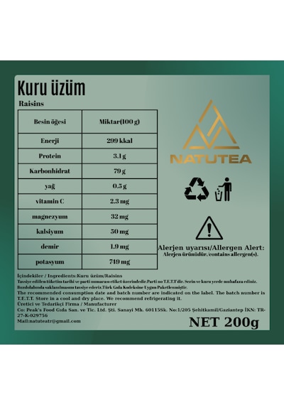 Natutea Kuru Üzüm 200 G Kuru Meyve 200 G