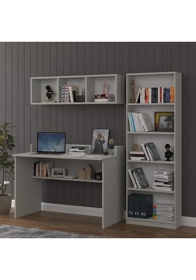 Asra Trend Çalışma Masası Seti ÇMT001 %100 MDF Kitaplıklı Raflı Ofis Takımı Kül Gri