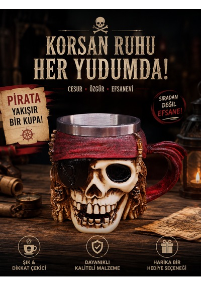 Korsan Temalı Kafatası Tasarımlı Çelik İç Hazneli Dekoratif Kupa, Doğum Günü, Hediyelik, Özel Günler Bordo